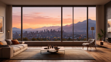 a luxurious living room with a modern decor, large floor-to-ceiling windows offering a panoramic view of a cityscape against a backdrop of mountains bathed in the warm glow of a sunset