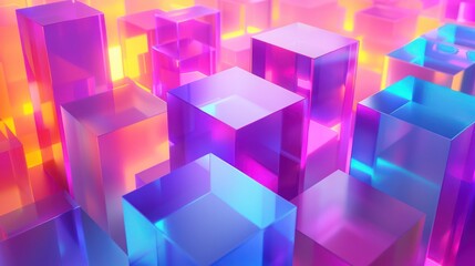 An array of isometric cubes illuminated with vibrant neon lights creates a dynamic and lively abstract composition