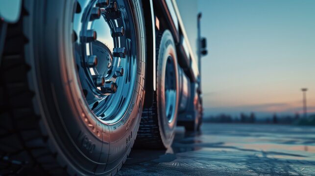 A visually captivating shot of a truck's shiny wheels and details, emphasized by the soft glow of twilight