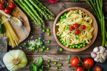 Pasta Primavera with asparagus, peas, leek and tomatoes on wooden surface - Powered by Adobe