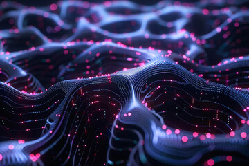 An abstract 3D visualization of a cybernetic brain where each neuron is a line of code or a data point  