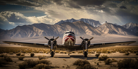 Old airplane from the front in the mountains