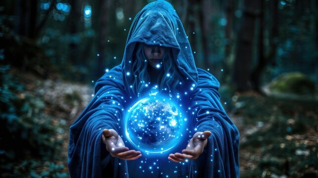 A wizard or witch in a blue robe or cloak stands in a dark forest, holding a glowing, floating globe in their hands.