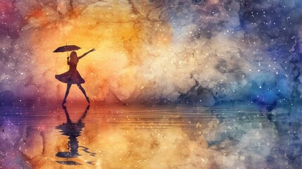 Fototapeta premium A woman holding an umbrella dances on a reflective surface against a colorful, cosmic sky.