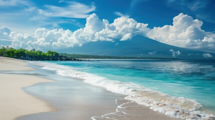 Crystal-clear turquoise waters gently lap at the white sandy beach, with lush greenery and the silhouetted Mount Agung framing the idyllic scene