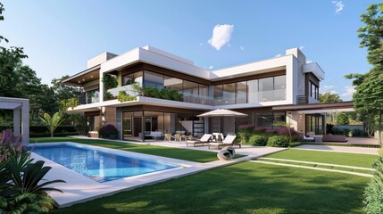 A stunning modern architecture design house featuring a swimming pool, lush garden, and spacious outdoor lounging area Perfect for depicting luxury living