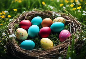 Obraz premium 'eggs easter nest Colorful meadow Egg Basket Grass Happy Color Spring Celebration Fun Nature Green Chicken Religion Traditional Blue Present Lawn Concept Objects Yellow HolidayEaster Egg Basket Grass'