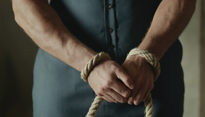 World Day against Human Trafficking. A man with his hands tied. Illegal human trafficking often involves serious violations of fundamental human rights - obrazy, fototapety, plakaty