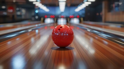 Centered view of a red bowling ball on a wooden bowling lane with distant pins and vibrant lighting - obrazy, fototapety, plakaty
