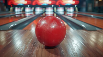 A shiny red bowling ball up close with a clear reflection of bowling pins on its surface - obrazy, fototapety, plakaty