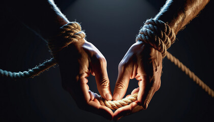 World Day against Human Trafficking. A man with his hands tied. Illegal human trafficking often involves serious violations of fundamental human rights