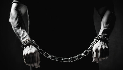 World Day against Human Trafficking. A man with chained hands. The illicit trade of humans often involves severe violations of basic human rights - obrazy, fototapety, plakaty
