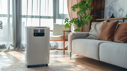 Closeup a modern portable air conditioner in house living room. Generated AI image