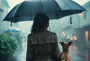 Person with dog animal in rain on street. - obrazy, fototapety, plakaty