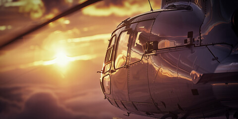 Helicopter from behind at sunset