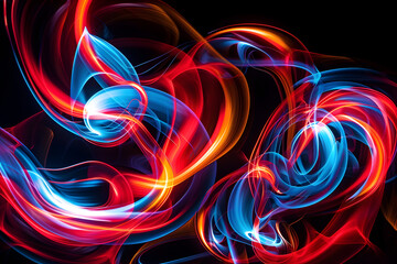 Abstract neon digital artwork with radiant red and blue swirls. Captivating piece on black background.