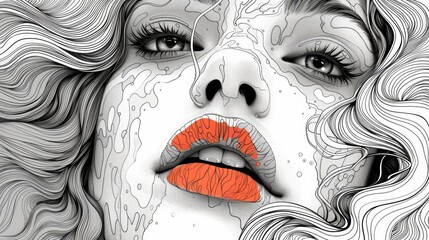 Black and white illustration of a woman with wavy hair and vibrant orange lips