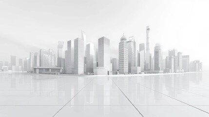A monochromatic city model with skyscrapers and modern structures mirrored on a reflective surface