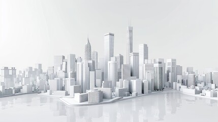 A clean, white cityscape rendering with detailed buildings and landmark structures featured prominently