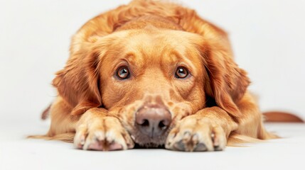 Dog looks sadly into the camera, copy and text space, 16:9