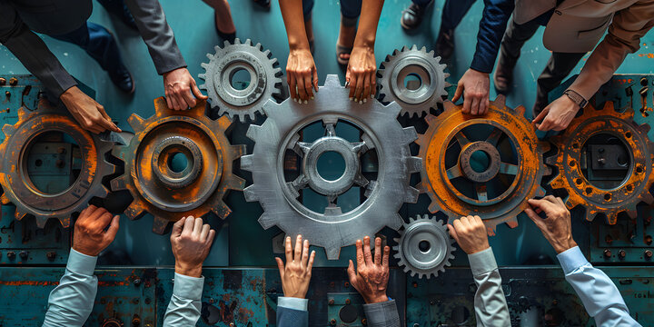 A group of people are holding gears together, symbolizing teamwork