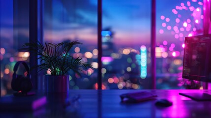 A modern home office setup with a laptop open to a coding screen and headphones resting on the desk, illuminated by vibrant city lights at night - Powered by Adobe