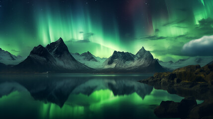 Majestic Northern Lights Over Snowy Mountain Range