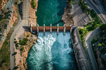 An aerial view capturing the engineering marvel of a dam, showcasing human ingenuity in controlling water flow 