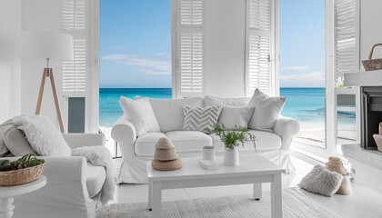 white living room, elegant modern contemporary furniture, decor, house, luxury, light, bright, beautiful, interior decorating, ocean view, water