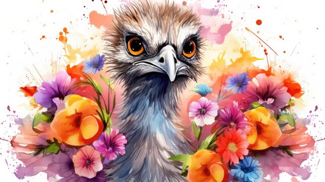 A illustration cute clip art of a watercolor emu n a vivid land surrounded by vibrant flora