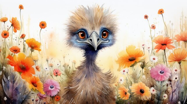 A picture cute clip art of a watercolor emu n a vivid land surrounded by vibrant flora