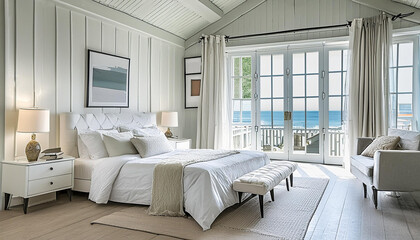 modern contemporary bedroom with neutral colors, beamed wood ceiling, water view