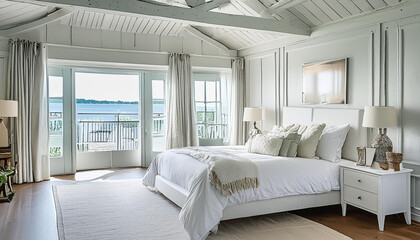 modern contemporary bedroom with neutral colors, beamed wood ceiling, water view