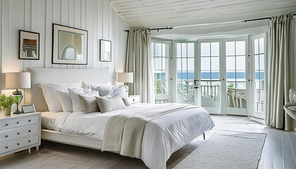modern contemporary bedroom with neutral colors, wood ceiling, water view