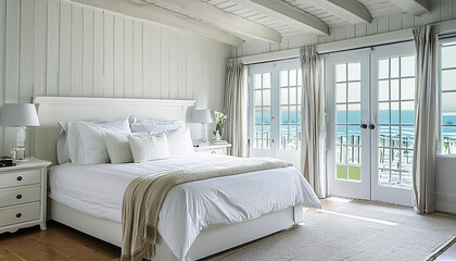 modern contemporary bedroom with neutral colors, beamed wood ceiling, water view