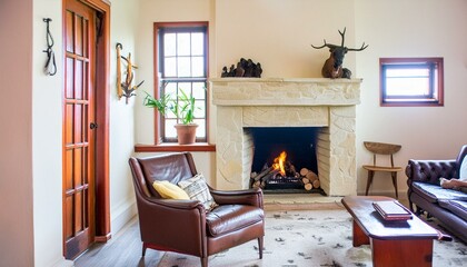 cozy family room with leather furniture and fireplace