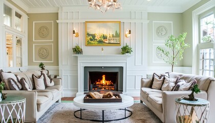 modern contemporary traditional living room with fireplace, elegant, white wood, luxury, fabrics, textiles, paintings, home, house