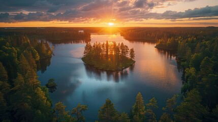 The sun rises illuminating a small island surrounded by calm waters and forest, emphasizing the beauty of untouched nature