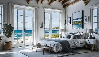 modern contemporary bedroom with neutral colors, beamed wood ceiling, water view
