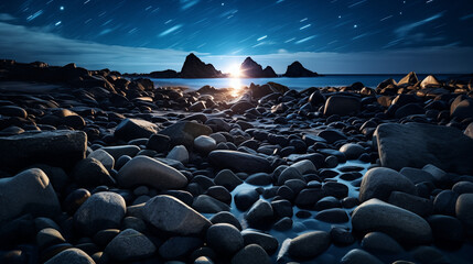 Fototapeta premium Starlit Night over a Rocky Beach with Dynamic Light Path