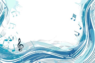 blue wave with musical notes scattered throughout waves, concept of movement and rhythm harmony in music, wallpaper card with copy space