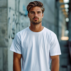 Fototapeta premium Handsome man model plain flat smooth white, strong man in a blank white shirt for a mockup