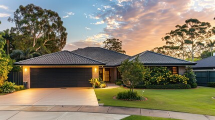 A traditional family home is basked in the golden hour glow with a well-kept garden and driveway