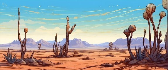 Panoramic illustration of a serene desert landscape with various cacti and distant mountains under a vast sky