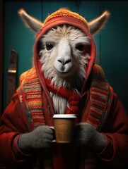 Fototapeta premium a illustration llama with warm red coat and a cup