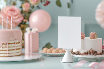 Blank mockup in birthday party setting clean editorial aesthetic subtle elegance 