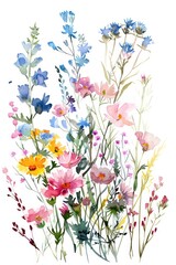 A gentle and delicate illustration of wildflowers in watercolor, showcasing a range of soft hues and shapes