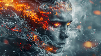 Double exposure portrait of water fire man with water, nature, element concept