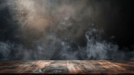 Misty empty room with wooden table and dark wall with smoke effect background. Generated AI image