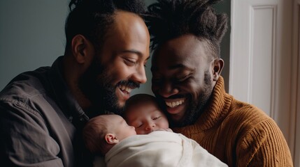 Male gay parents adopted two little babies. A Heartwarming Portrait of an LGBT Family, Filled with Love and Happiness as They Embrace the Journey of Adoption twins. Black man